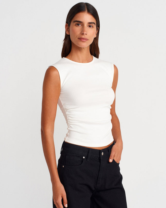 21054 Büzgülü Basic T-Shirt-Ekru