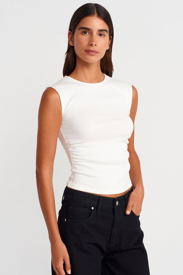 21054 Büzgülü Basic T-Shirt-Ekru