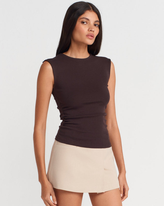 21054 Büzgülü Basic T-Shirt-Koyu Kahve