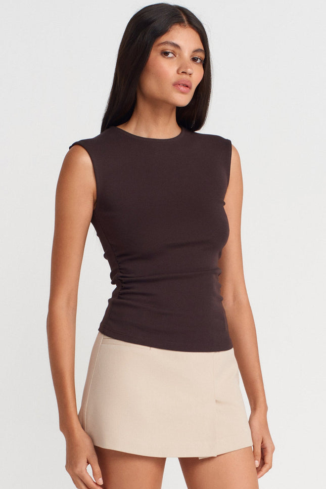 21054 Büzgülü Basic T-Shirt-Koyu Kahve