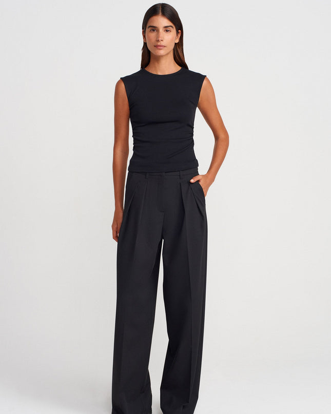 21054 Büzgülü Basic T-Shirt-Siyah