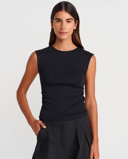 21054 Büzgülü Basic T-Shirt-Siyah