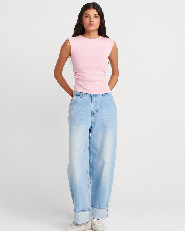 21054 Büzgülü Basic T-Shirt-Toz Pembe