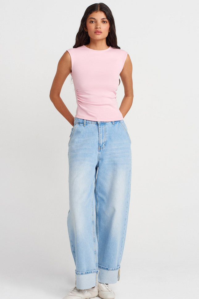 21054 Büzgülü Basic T-Shirt-Toz Pembe