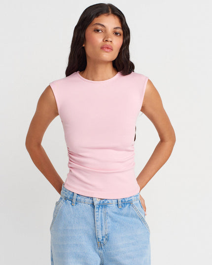 21054 Büzgülü Basic T-Shirt-Toz Pembe