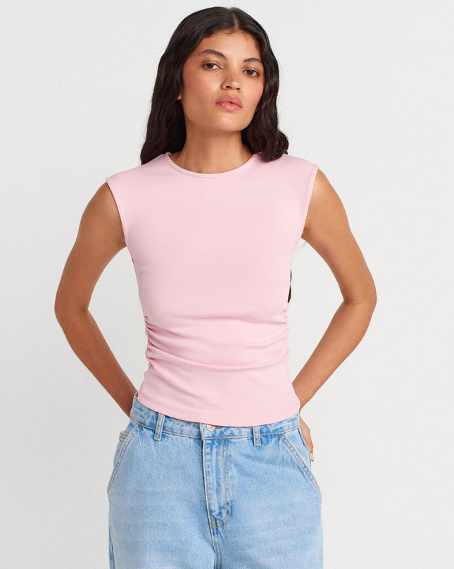 21054 Büzgülü Basic T-Shirt-Toz Pembe