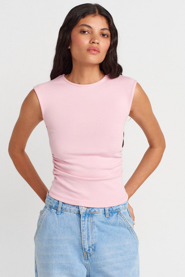 21054 Büzgülü Basic T-Shirt-Toz Pembe