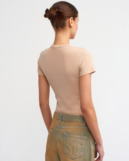 30457 Yıkama Efektli T-Shirt-Bej