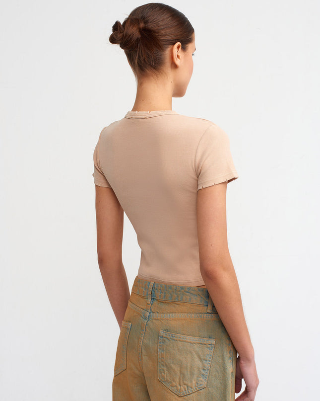 30457 Yıkama Efektli T-Shirt-Bej