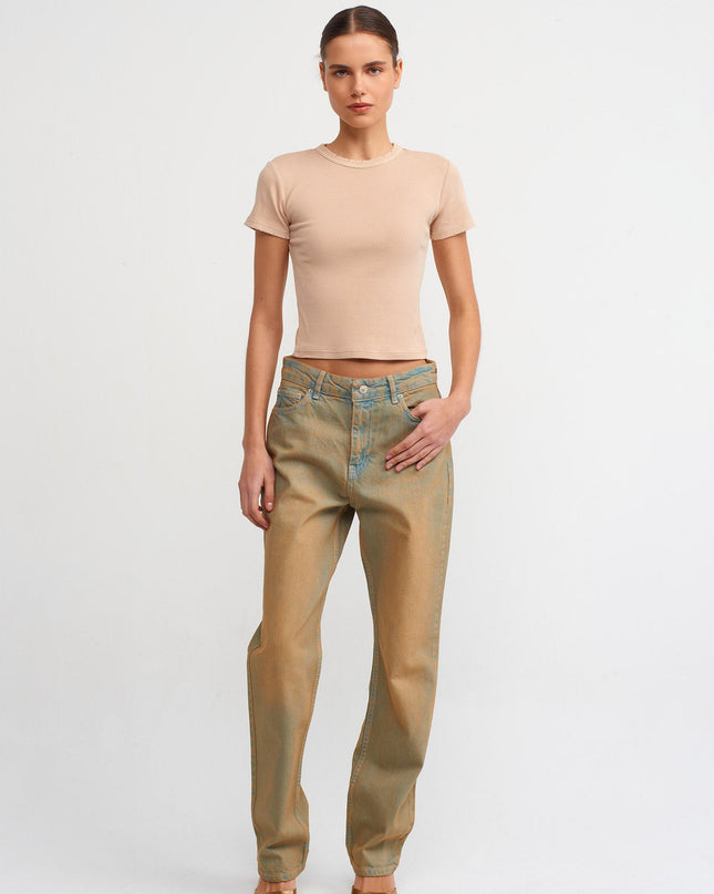 30457 Yıkama Efektli T-Shirt-Bej