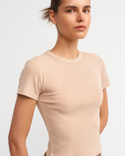 30457 Yıkama Efektli T-Shirt-Bej