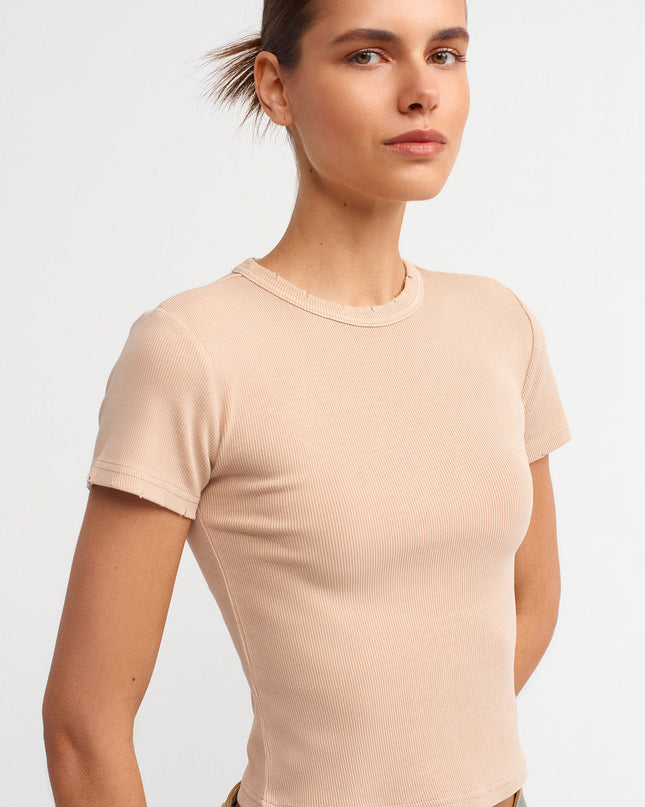 30457 Yıkama Efektli T-Shirt-Bej