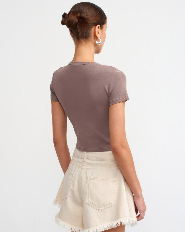 30457 Yıkama Efektli T-Shirt-Kahve