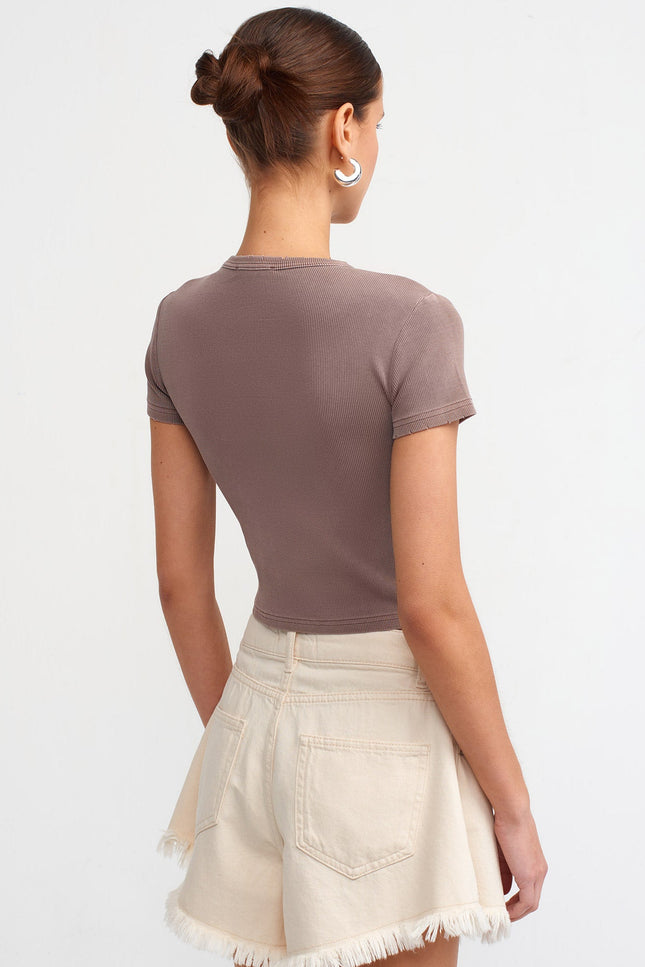 30457 Yıkama Efektli T-Shirt-Kahve