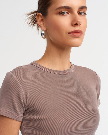 30457 Yıkama Efektli T-Shirt-Kahve