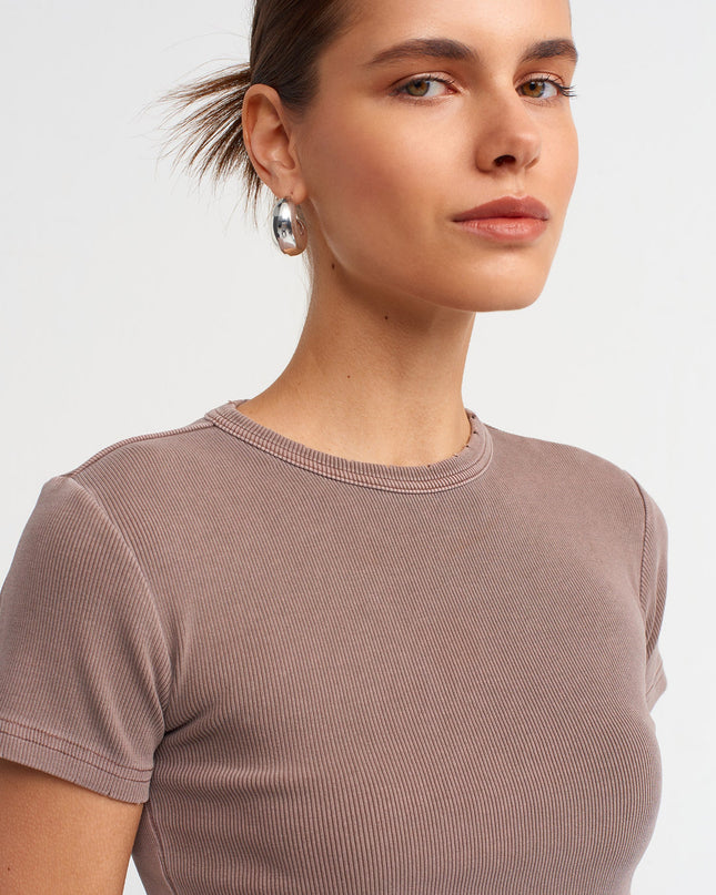 30457 Yıkama Efektli T-Shirt-Kahve