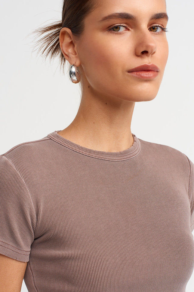 30457 Yıkama Efektli T-Shirt-Kahve