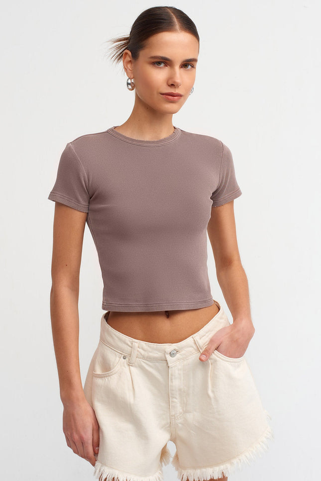 30457 Yıkama Efektli T-Shirt-Kahve