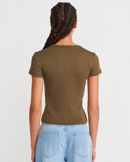 31673 %100 Pamuk V Yaka T-shirt-Haki