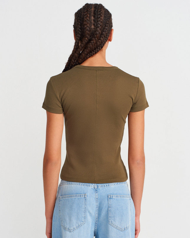31673 %100 Pamuk V Yaka T-shirt-Haki