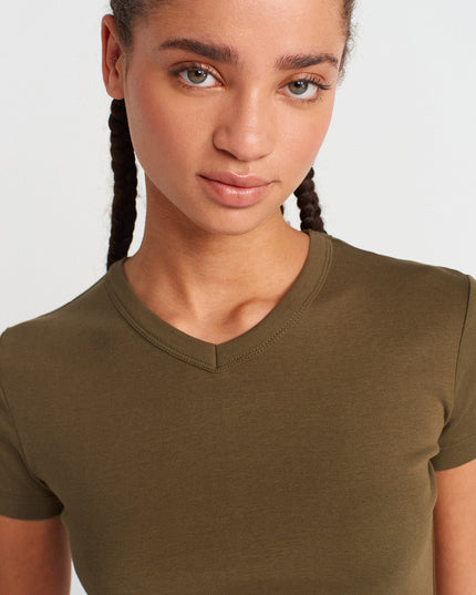 31673 %100 Pamuk V Yaka T-shirt-Haki