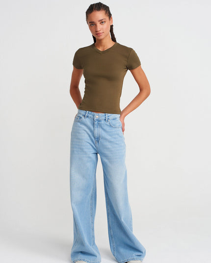 31673 %100 Pamuk V Yaka T-shirt-Haki