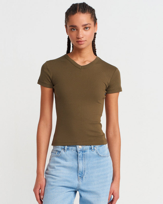 31673 %100 Pamuk V Yaka T-shirt-Haki