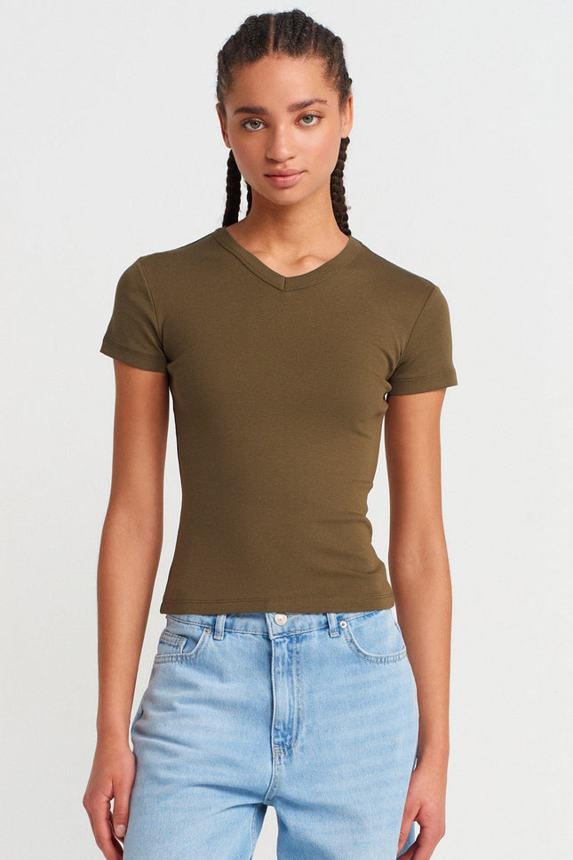 31673 %100 Pamuk V Yaka T-shirt-Haki