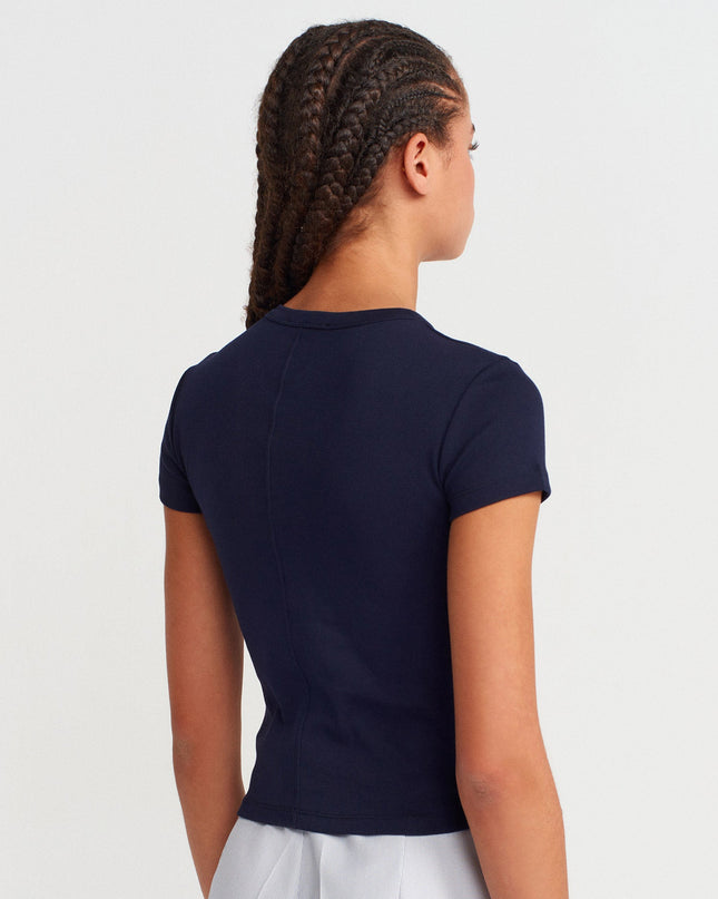 31673 %100 Pamuk V Yaka T-shirt-Lacivert