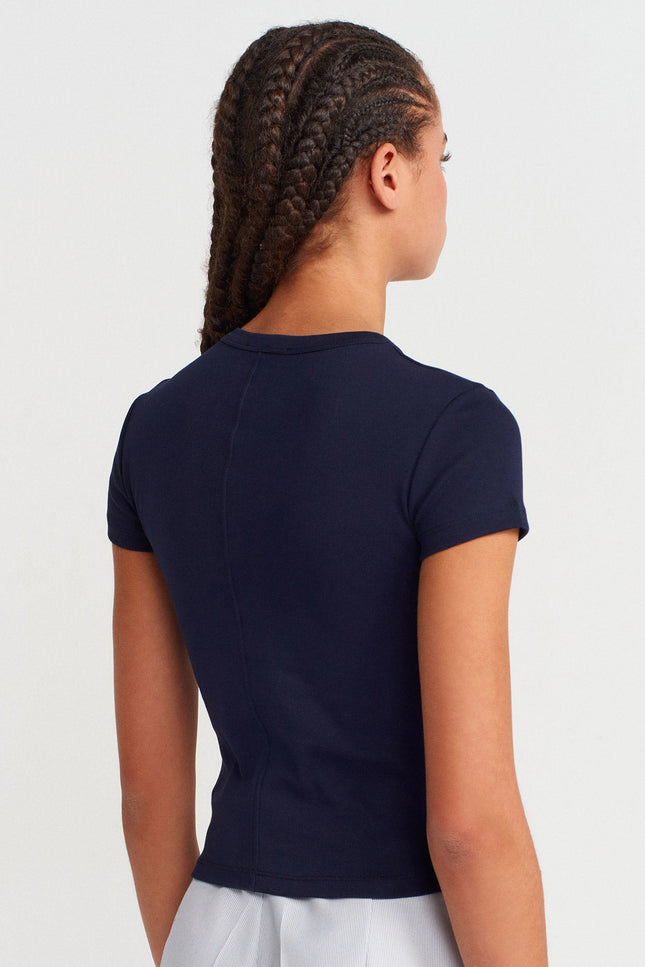 31673 %100 Pamuk V Yaka T-shirt-Lacivert