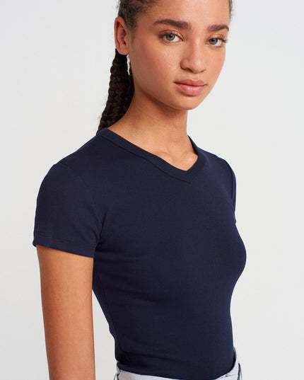 31673 %100 Pamuk V Yaka T-shirt-Lacivert