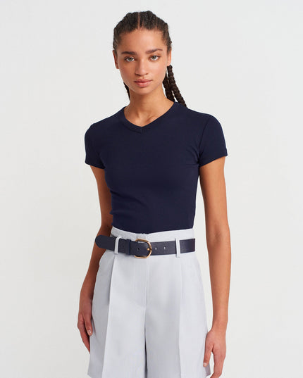 31673 %100 Pamuk V Yaka T-shirt-Lacivert