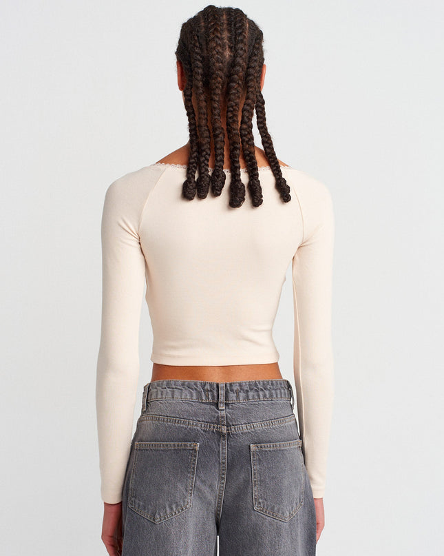 31722 Dantel Şeritli Uzun Kollu T-shirt-Taş