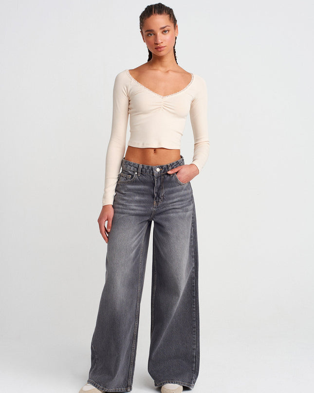 31722 Dantel Şeritli Uzun Kollu T-shirt-Taş