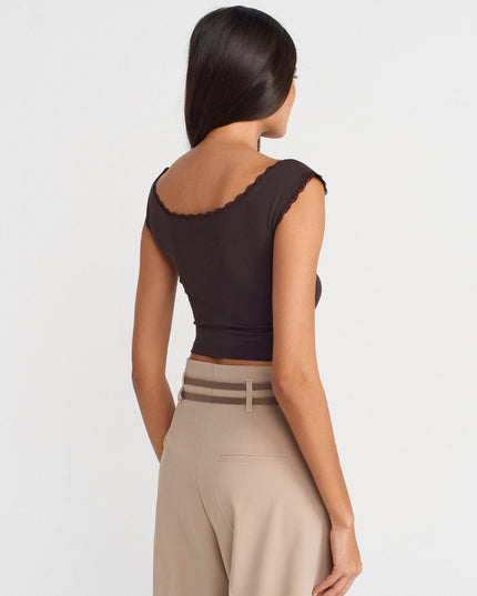 31775 Dantel Detaylı Omuzları Açık Top-Koyu Kahve