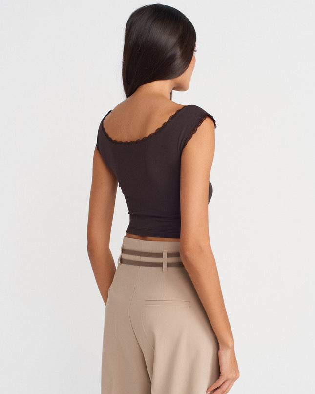 31775 Dantel Detaylı Omuzları Açık Top-Koyu Kahve