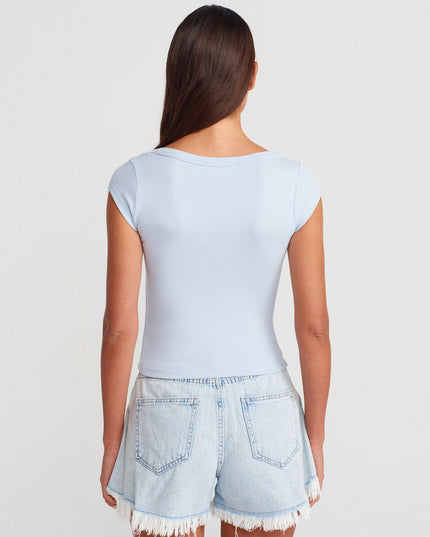 31808 Yuvarlak Yaka Fitilli T-shirt-Açık Mavi