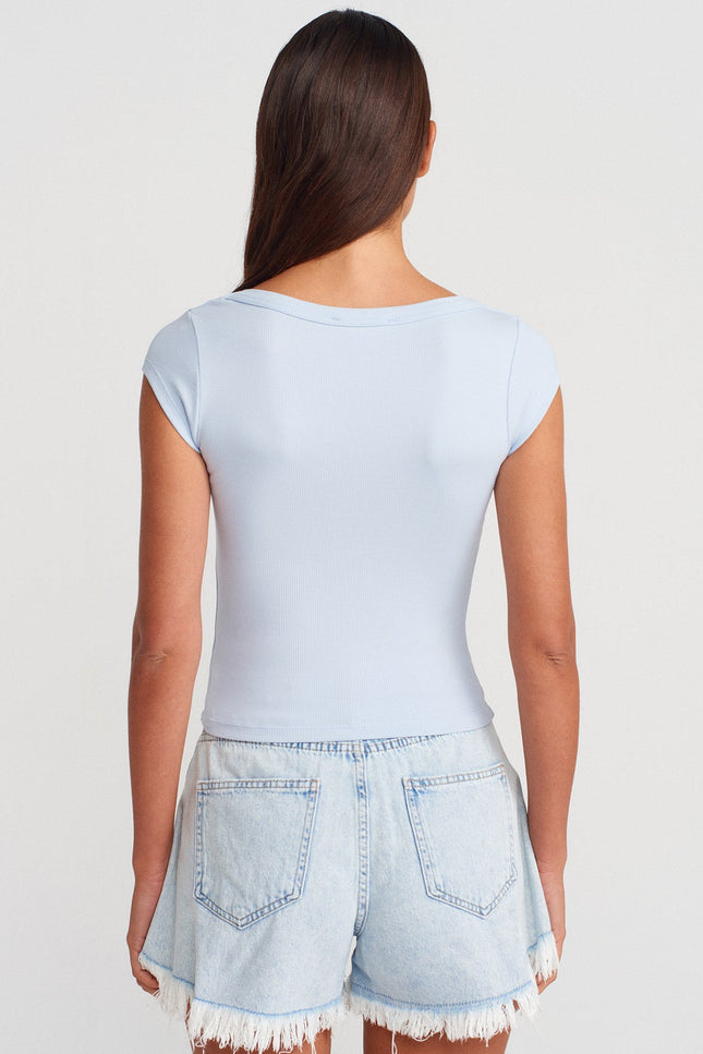 31808 Yuvarlak Yaka Fitilli T-shirt-Açık Mavi