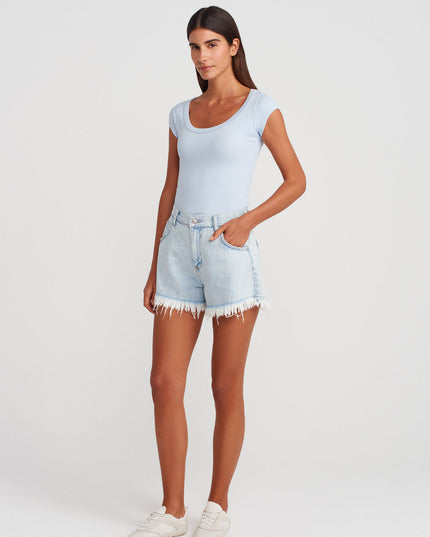 31808 Yuvarlak Yaka Fitilli T-shirt-Açık Mavi