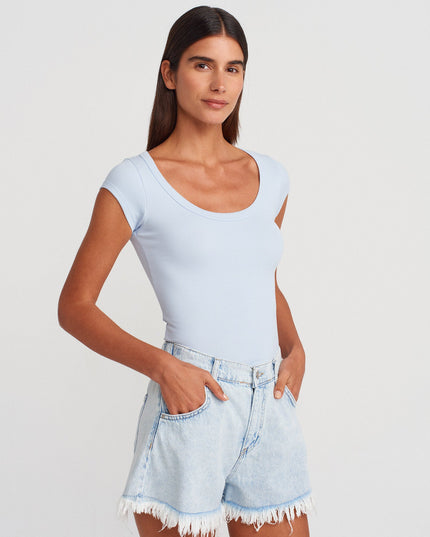 31808 Yuvarlak Yaka Fitilli T-shirt-Açık Mavi