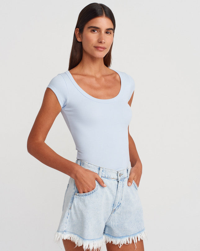 31808 Yuvarlak Yaka Fitilli T-shirt-Açık Mavi