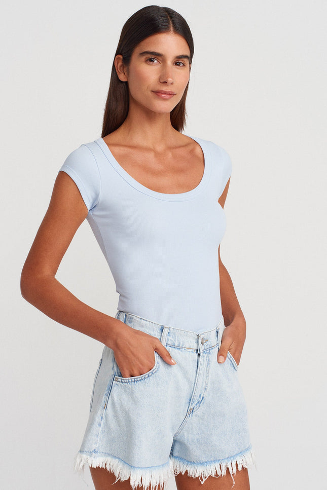 31808 Yuvarlak Yaka Fitilli T-shirt-Açık Mavi