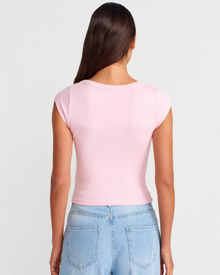 31808 Yuvarlak Yaka Fitilli T-shirt-Toz Pembe