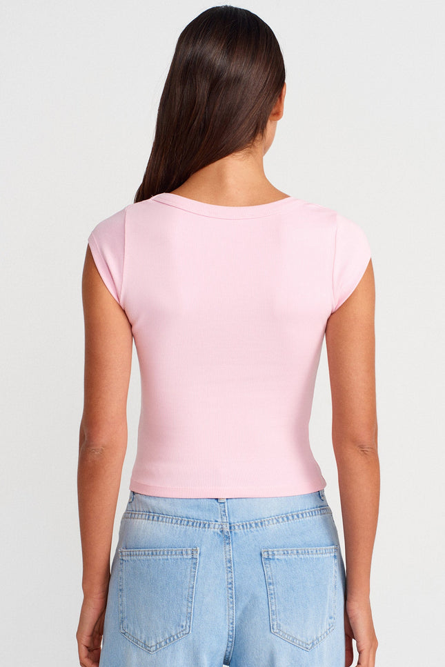 31808 Yuvarlak Yaka Fitilli T-shirt-Toz Pembe