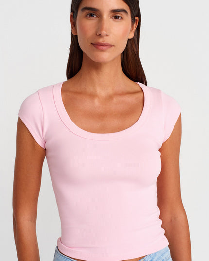 31808 Yuvarlak Yaka Fitilli T-shirt-Toz Pembe