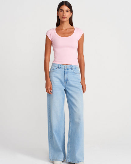 31808 Yuvarlak Yaka Fitilli T-shirt-Toz Pembe