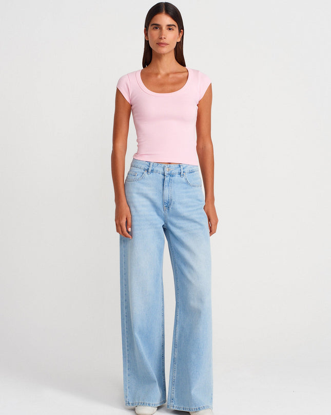 31808 Yuvarlak Yaka Fitilli T-shirt-Toz Pembe