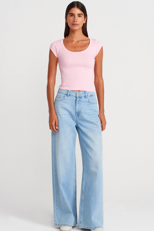 31808 Yuvarlak Yaka Fitilli T-shirt-Toz Pembe