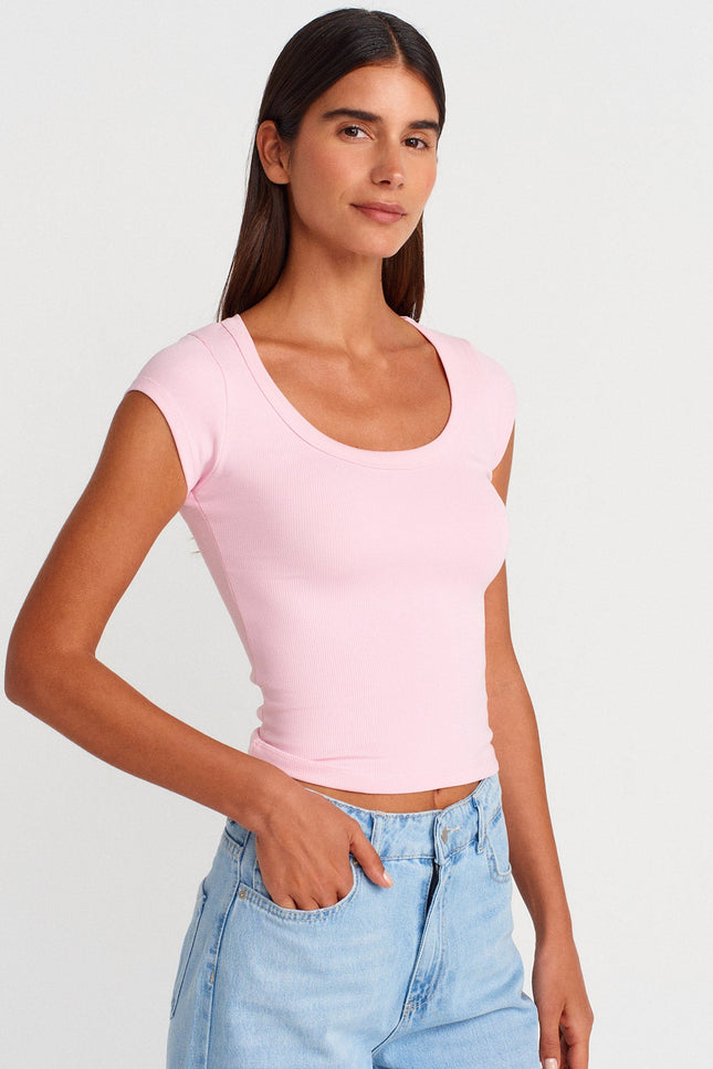 31808 Yuvarlak Yaka Fitilli T-shirt-Toz Pembe