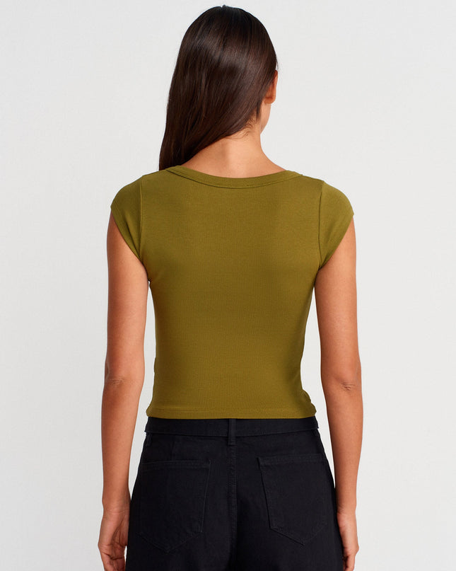 31808 Yuvarlak Yaka Fitilli T-shirt-Yağ Yeşil